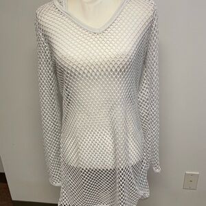 White Relaxed Mesh Tunic bathing suit cover up with hood
